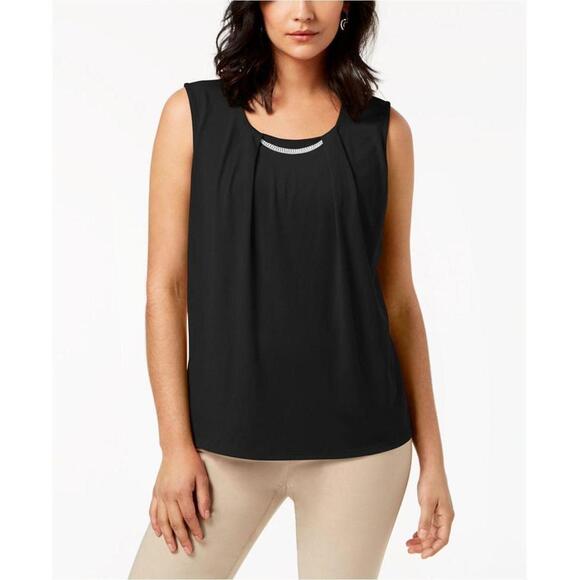 JM Collection Pleated Embellished Top Deep Black L - Picture 1 of 2